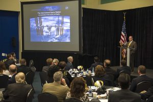 Dr. Richard Gilbrech, Director, NASA Stennis Space Center provides an up-date to more than 100 community, business and governmental leaders during the Annual Stennis Director’s Briefing, sponsored by Partners for Stennis, at INFINITY Science Center.